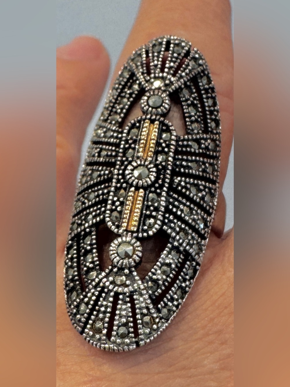 Art-Deco inspired Sterling Silver Marcasite Statement  Ring